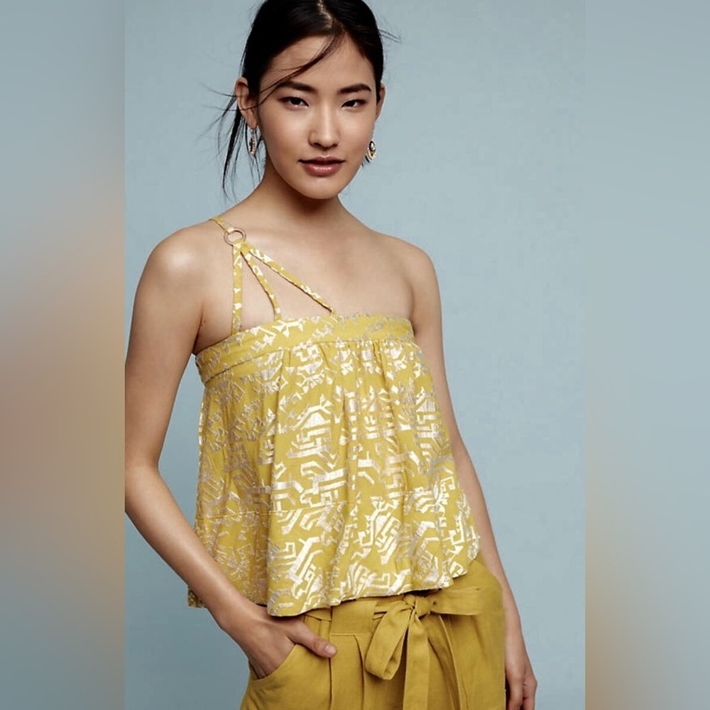 Anthropologie Anesu Yellow Metallic Sun Etched Printed One Shoulder Cami Top M